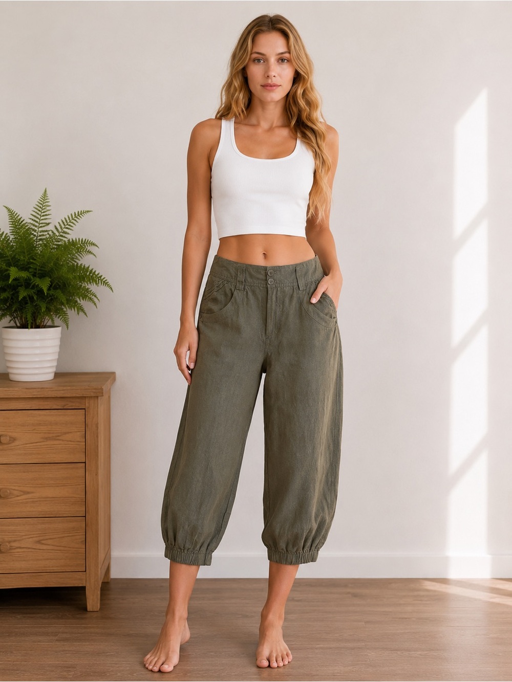 Sandro Women's Olive Linen Blend Barrel Leg Crop Pants EUC